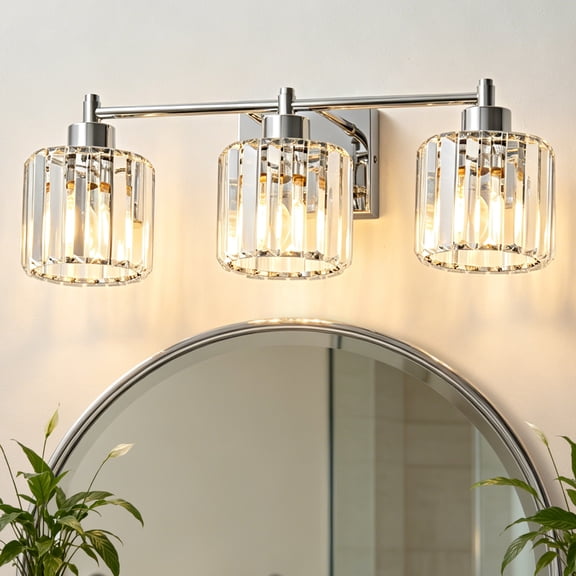 Deyidn Modern 3-Light Bathroom Vanity Light with Crystal Shades, 22 Inch Chrome Dimmable Light Fixture for Mirror