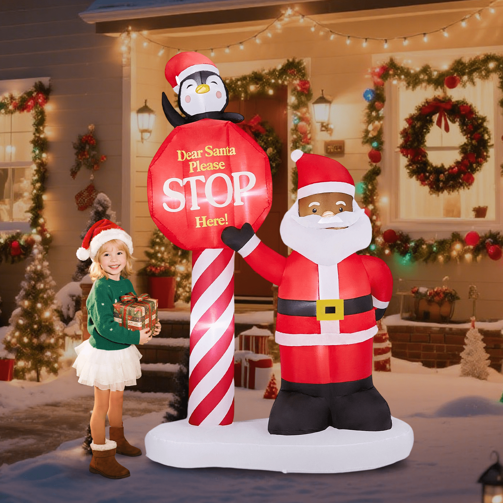 Astoutdoor Christmas Inflatable Decoration, Black Santa & Road Sign, 59.1 x 29.5 x 96.5 in, Built-in LED Lights, Blow Up Yard Decor