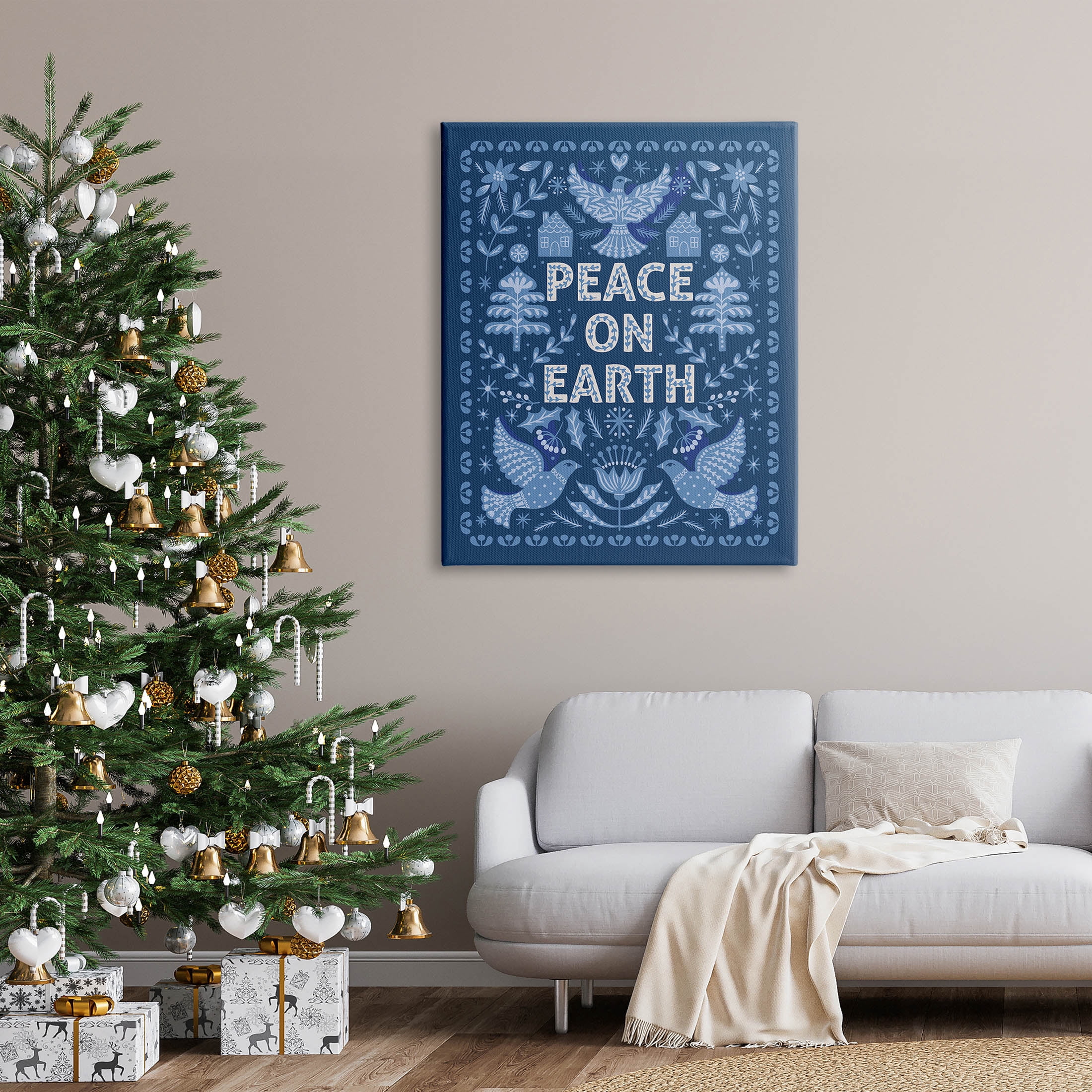 Peace On Earth Blue Doves Holiday Graphic Art Gallery Wrapped Canvas Print Wall Art