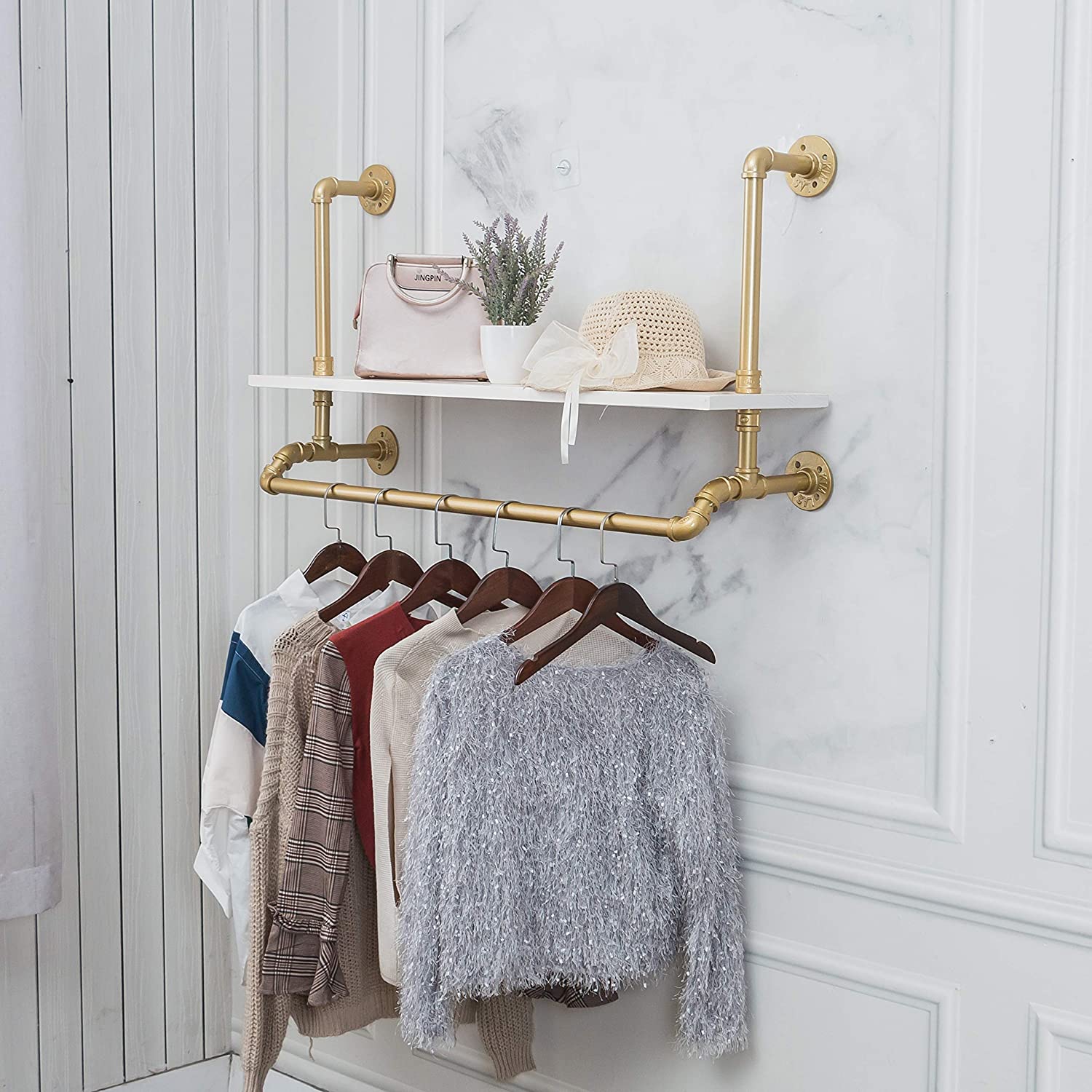 40",Gold,White,Industrial Detachable WallMounted Black Iron Wooden