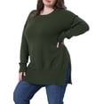thumbnail image 4 of Suéter de mujer de talla grande Agnes Orinda, cuello redondo, mangas largas, con aberturas laterales, suéter de punto holgado, 2X, verde ejército, 4 of 6