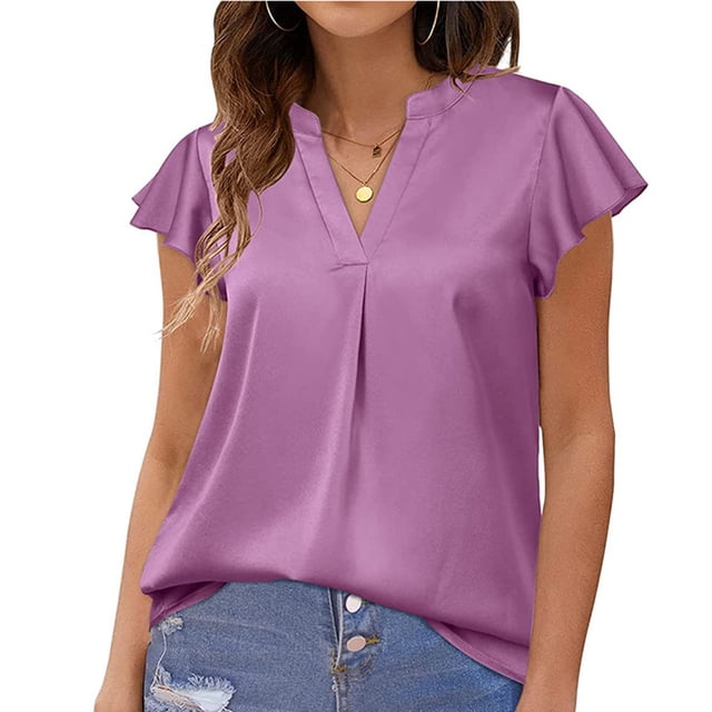 Camisas de satén de manga corta con cuello en V para mujer, blusa holgada de manga corta con volantes de Color puro informal a la moda de verano para mujer