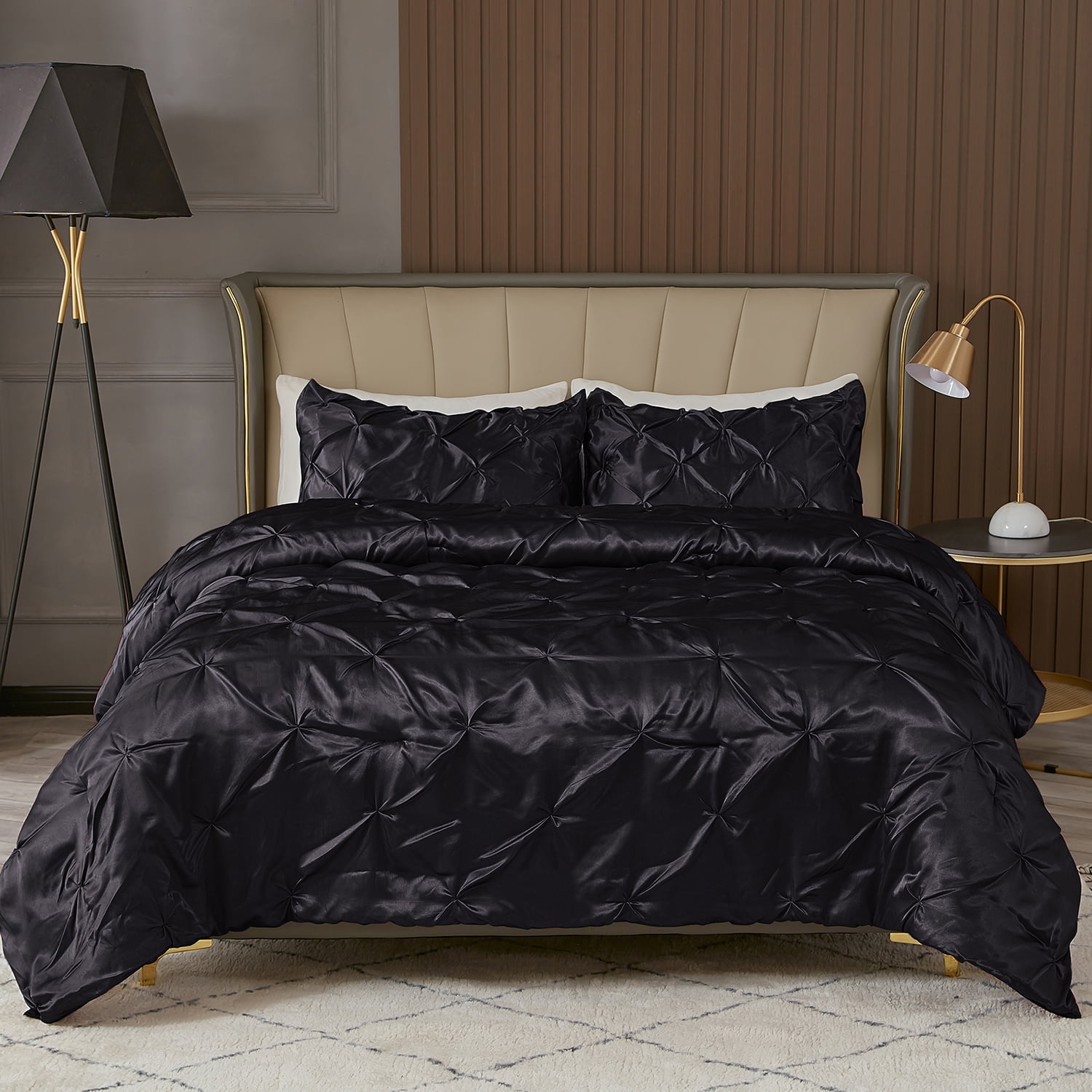 MR&HM Satin Comforter Queen Set 3pcs, Pintuck Beddding Sets with
