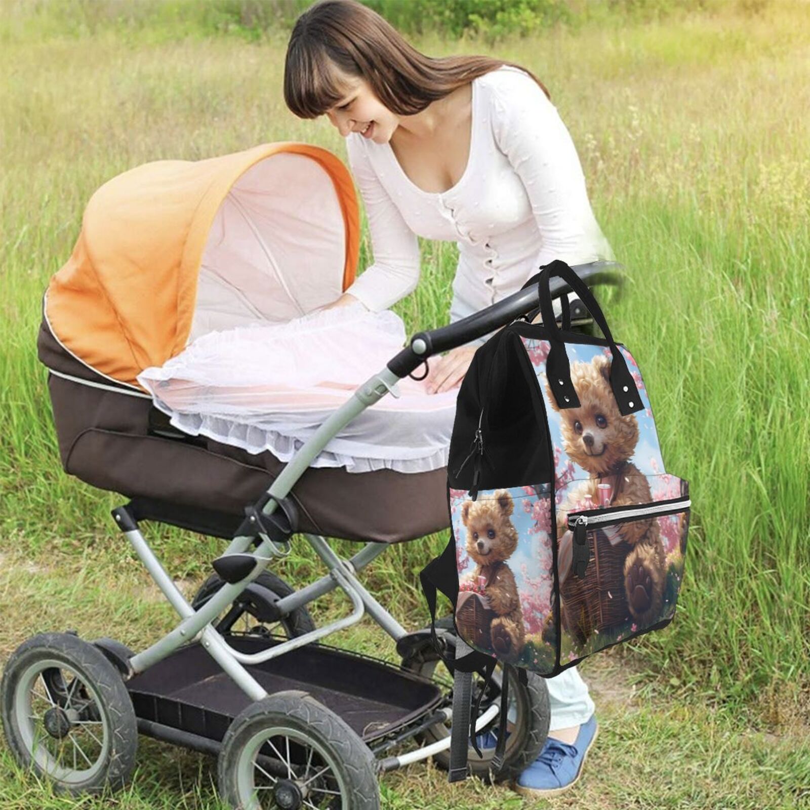 Fuzoiu Romantic Floral Bear Print Diaper Bag Backpack,Baby Essentials Travel Tote,Multi function Waterproof Diaper Bag, Travel Essentials Baby Bag - Unisex