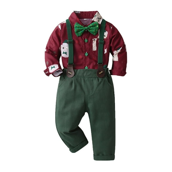 Otqutp Christmas Toddler Kids Boys Gentleman Clothing Sets Long Sleeve Christmas Cat Bowtie Shirts Suspenders Pants Suits 0-7 Years(Red,6-12 Months)