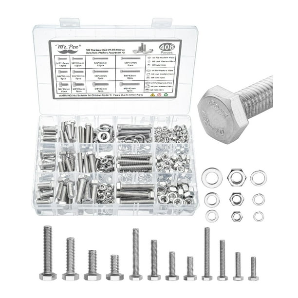 Kit surtido de tuercas y tornillos Mr. Pen de acero inoxidable, 408 piezas