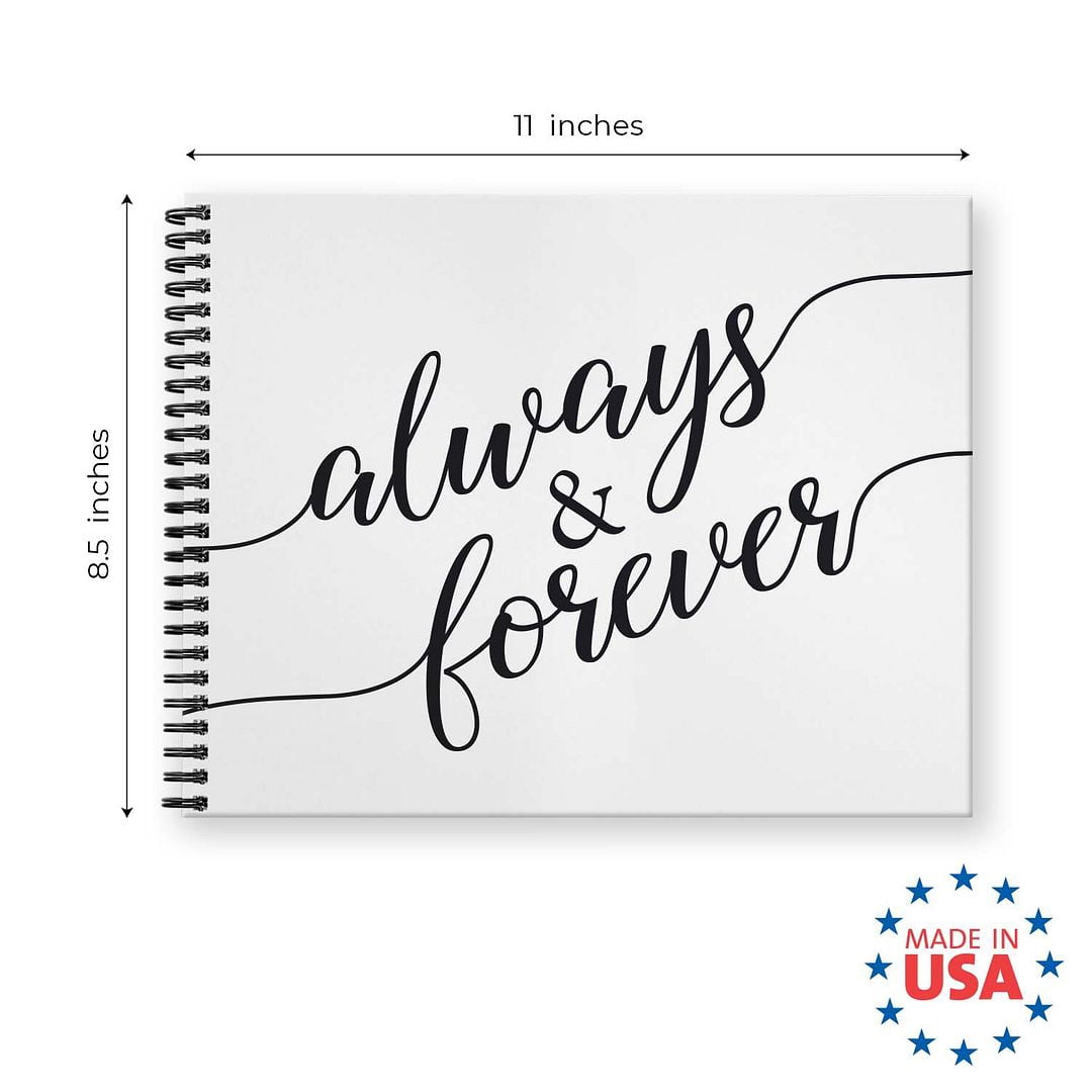 Hardcover Always And Forever Wedding Guestbook / 120 Lined Guest Signature Pages Inside / 11" x 8.5" Landscape Lay Flat Anniversary Guest Book / Black Metal Spiral Binding