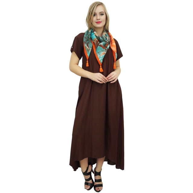 Bimba Robe d'Été pour Femme à Ourlet Asymétrique avec Poches, Brun, Maxi avec Foulard-6