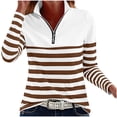 thumbnail image 2 of Yrmaups Loose Fit Striped Zip Pullover for Women Daily Wear, Fall Winter Collared Long Sleeve Casual Top, Plus Size Soft Cotton Blend Tee for Work Layering, Brown L, 2 of 5