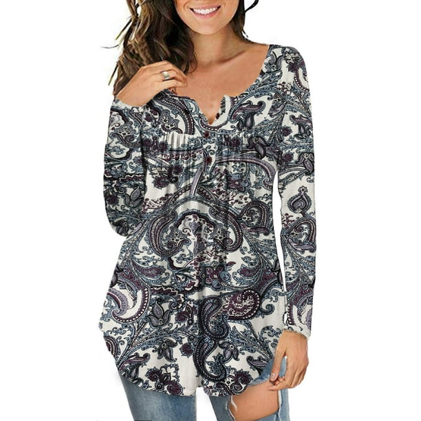 a.Jesdani Womens Plus Size Long Sleeve Tunic Tops Casual Floral Henley