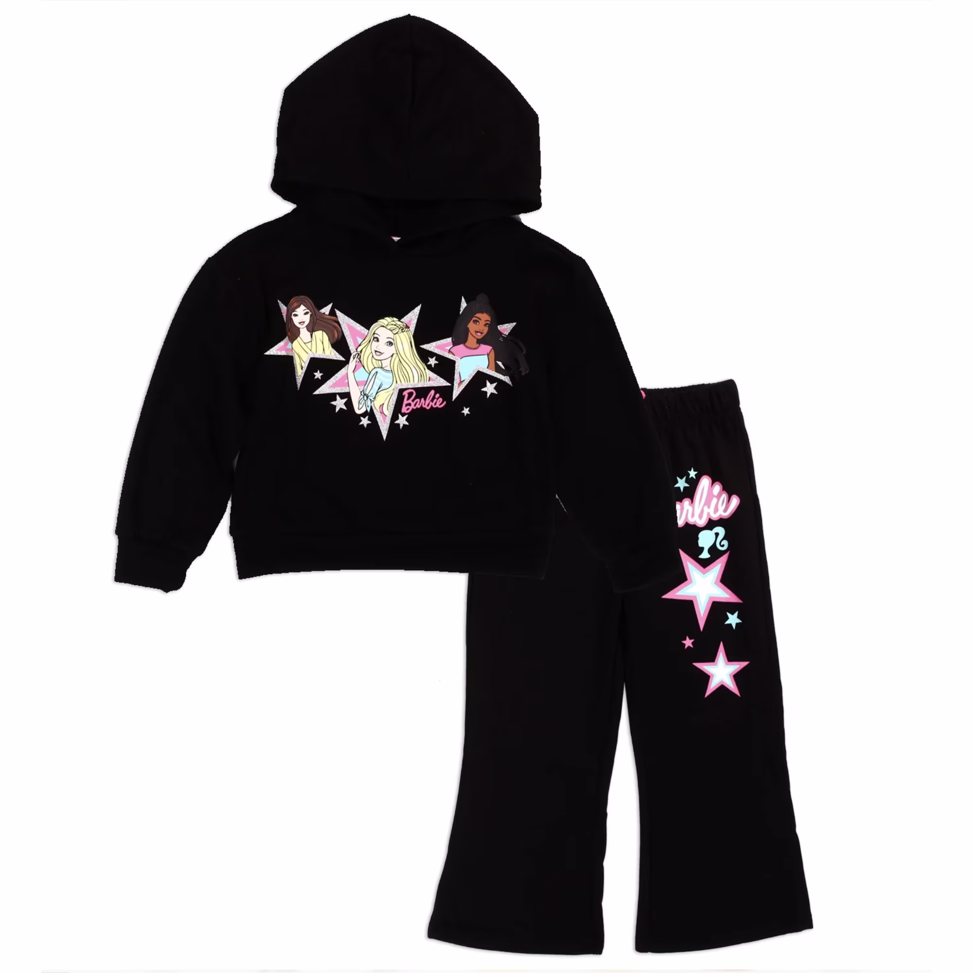 Barbie Girls 4-6X 2-Piece Fleece Hoodie Set, Black Hoodie Pants With Glitter (Size 4)