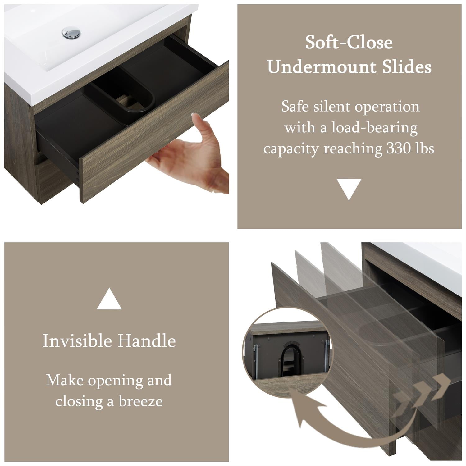 Demi Bonn 36" Floating Bathroom Vanity with Sink, Resin Top Basin and 2 Soft Close Drawers, Faucets and Drains Not Included, Gray