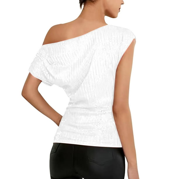トップス 9090 OG Logo Off Shoulder Glitter Tee S Women's Sparkle Sequins Off Shoulder Tank Top Blouse