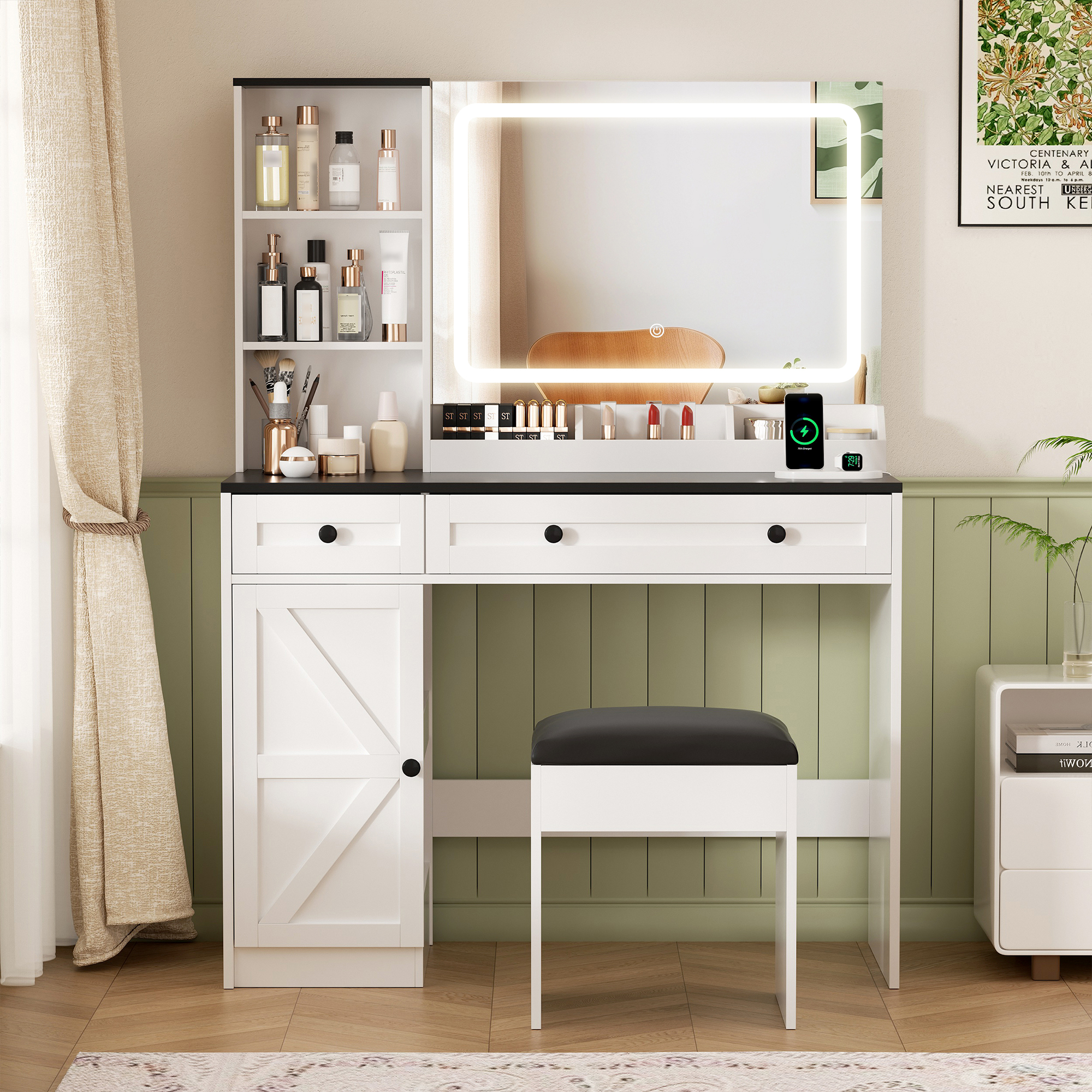 Vabches Vanity Set with Mirror and Lights, Modern Makeup Table with Storage Shelves & Drawers for Bedroom, White