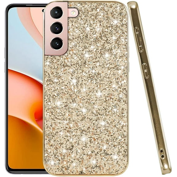 Compatible with Samsung S22 Case Glitter Shockproof, for Samsung Galaxy S22 Phone Case Bling Sparkly Soft TPU and PC Silicone Shiny Girl Women Thin Protective Cover (Gold)