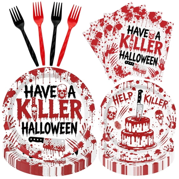 96PCS Halloween Paper Plates and Napkins Set for 24 Guests, Spooky Halloween Disposable Dinnerware, 9" Dinner Plates, 7" Dessert Plates, Napkins & Plastic Forks, Halloween Party Supplies