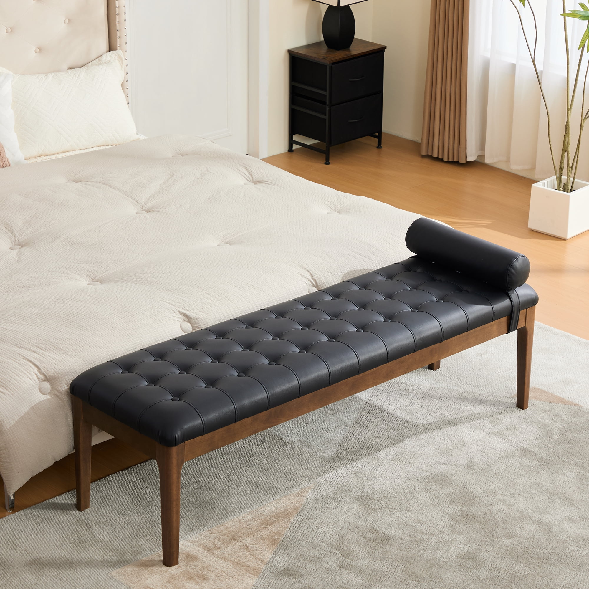 Aukfa 66" Upholstered Faux Leather Bedroom Bench with Button Tufted Design and Bolster Pillow,Solid Rubberwood,Black