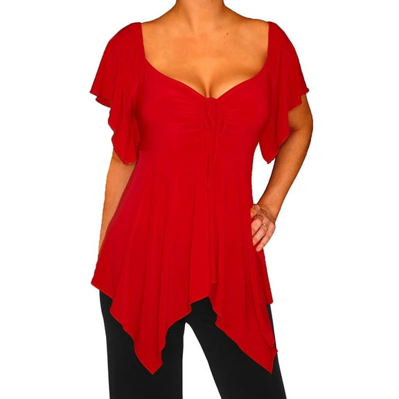 Funfash Women's Plus Size Red Slimming Empire Waist Short Sleeves Blouse - XL