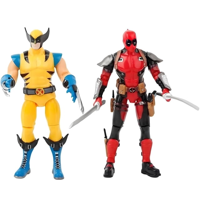 wolverine action figure, 7" superhero series collectible deadpool and wolverine action figure, x-men toys, super hero toys for kids, ages 4 and up Front-facing shot of two 18cm PVC action figures on white background: left — Wolverine in yellow torso and blue boots with black mask fins and wrist claws; right — Deadpool in red-and-black suit with shoulder armor, dual swords and brown utility pouches. Shown as display collectibles; figures may arrive disconnected and require manual assembly.