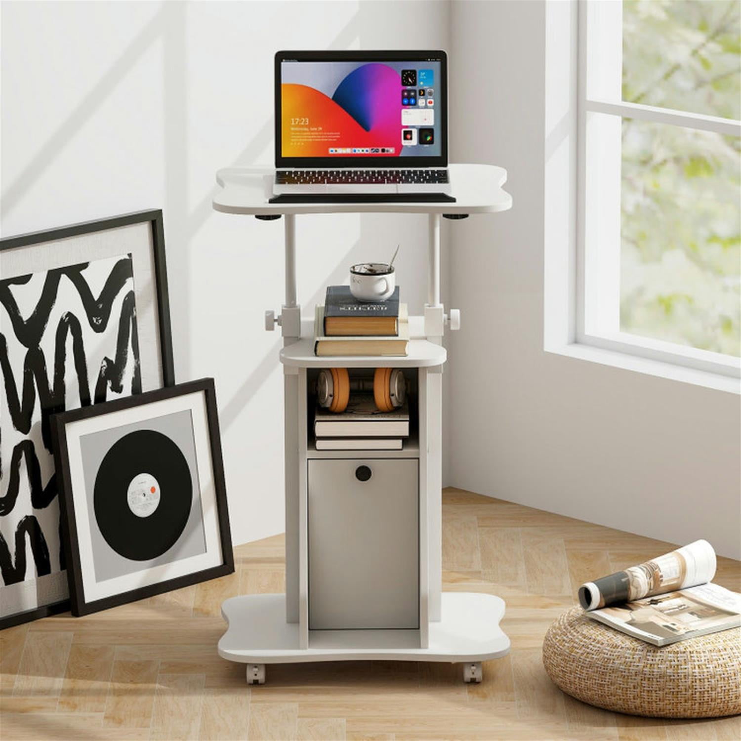 Demi Bonn Adjustable Mobile Standing Desk Cart with Tilt Desktop and Cabinet for Laptops, Books, Tablets, and Art, White