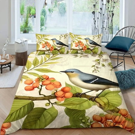 Pratyus Bird Branch 3-Piece Bedding Set (Single-Sided Print) Easy to Clean Peach Skin Bedroom Guest Room 87x68in