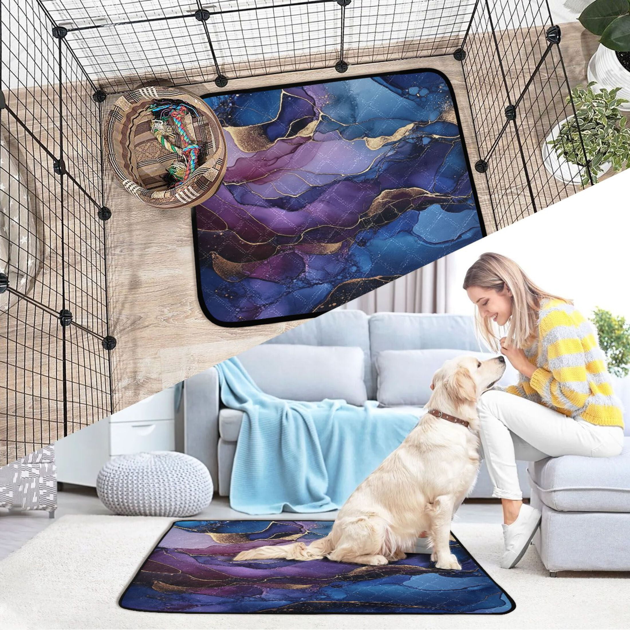Qxltty Gilt Blue Marble Cat litter Pads Pet Set of 3 Diaper Mats Center Anti-leakage Layer Absorbent Soft and Comfortable