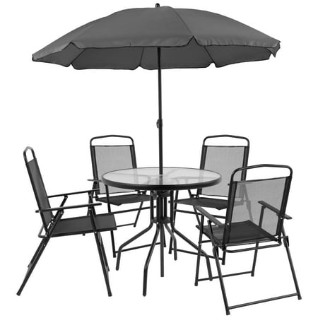 Flash Furniture Nantucket 6 Piece Patio Garden Set with Table, Umbrella and 4 Folding Chairs