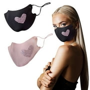 2 Pack Adult Rhinestone Heart Face Mask Bandana Covers with Sizable locking Ear Loops Super Soft!