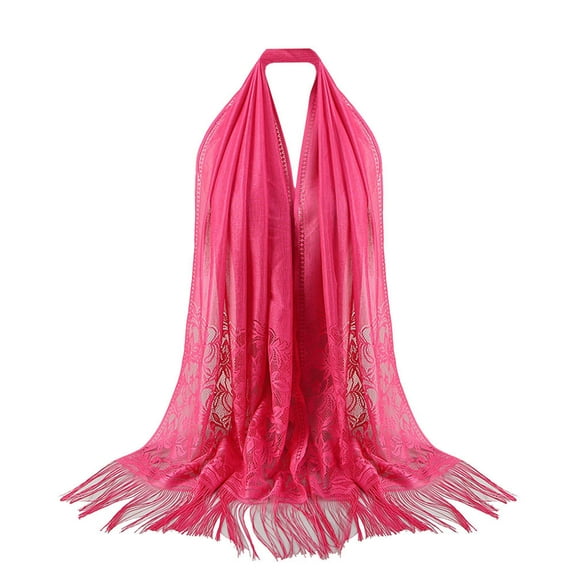 AWZXDE Women's Solid Color Elegant Thin Lace Fringe Trim Headscarf Delicate Floral Edge Scarf Hot Pink,One Size