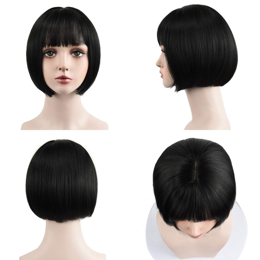 Dopi 9" Black Remy Human Hair Wigs for Women Straight Short Bob Wigs Wefted Wig Caps