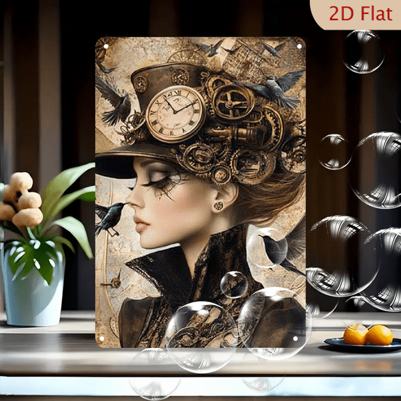 2D flat 1pc, Steampunk Vintage Mechanical Girl_ Iron Home&Seasonal Decoration, for Home, Office, Bathroom, Bedroom, Farm, Garden Best Gift, for a Friend room decor halloween 8*12inch