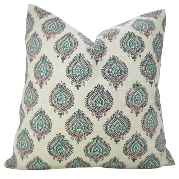 Fabdivine “Uday” Pink Block Print Cushion – Handmade Linen Blend Pillow for Boho & Farmhouse Decor