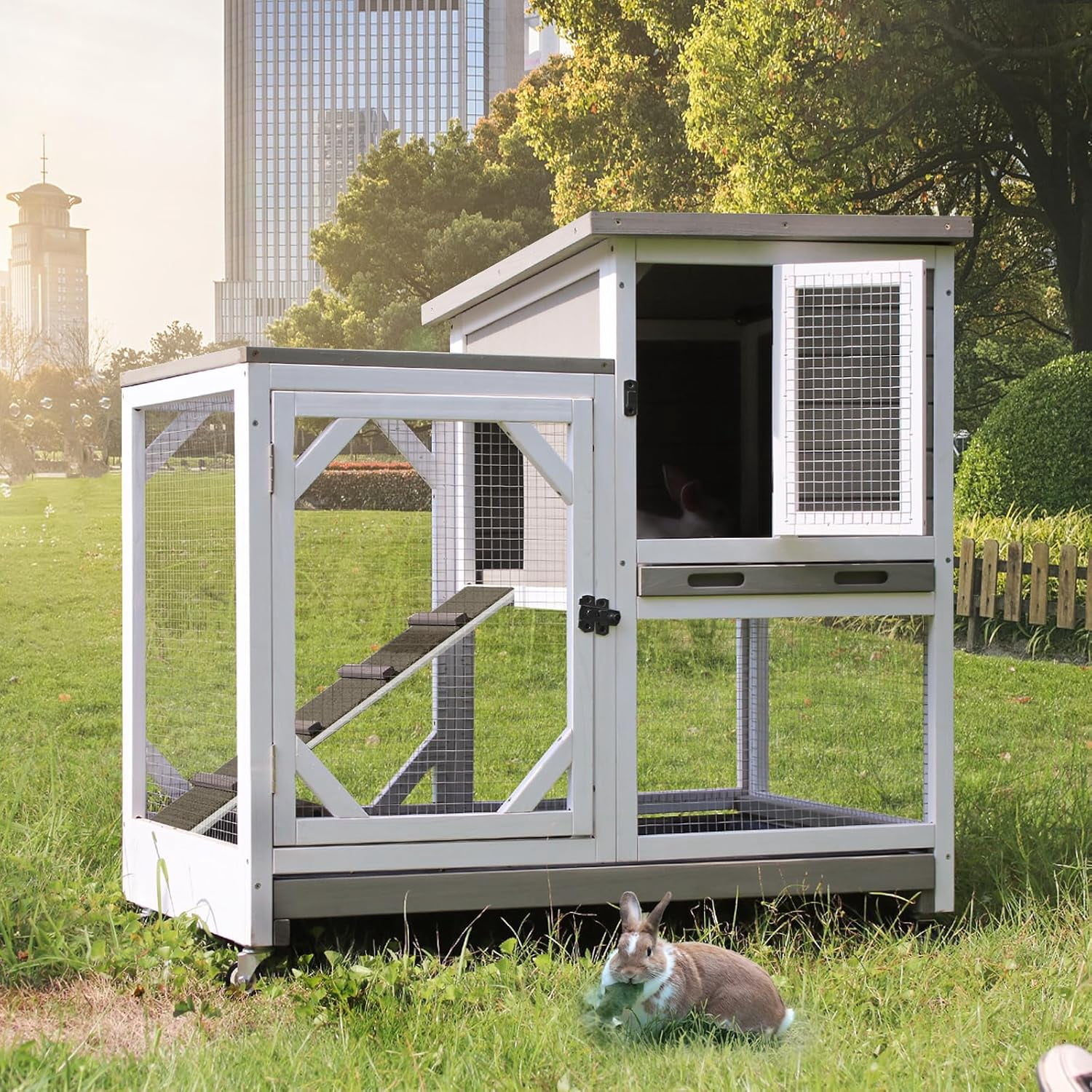 Aivituvin 2-Story Rabbit Hutch with Chew-Proof Ramp & Pull-Out Trays - Indoor/Outdoor 39.3" Wooden Rabbit Cage on Wheels for Rabbits, Guinea Pigs (Light Brown)