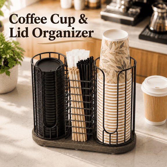 VBNDMAW Coffee Cup Dispenser Rack, 3-Compartment Cup and Lid Organizer with Straw Holder, Countertop Coffee Station Organizer with Wood Base