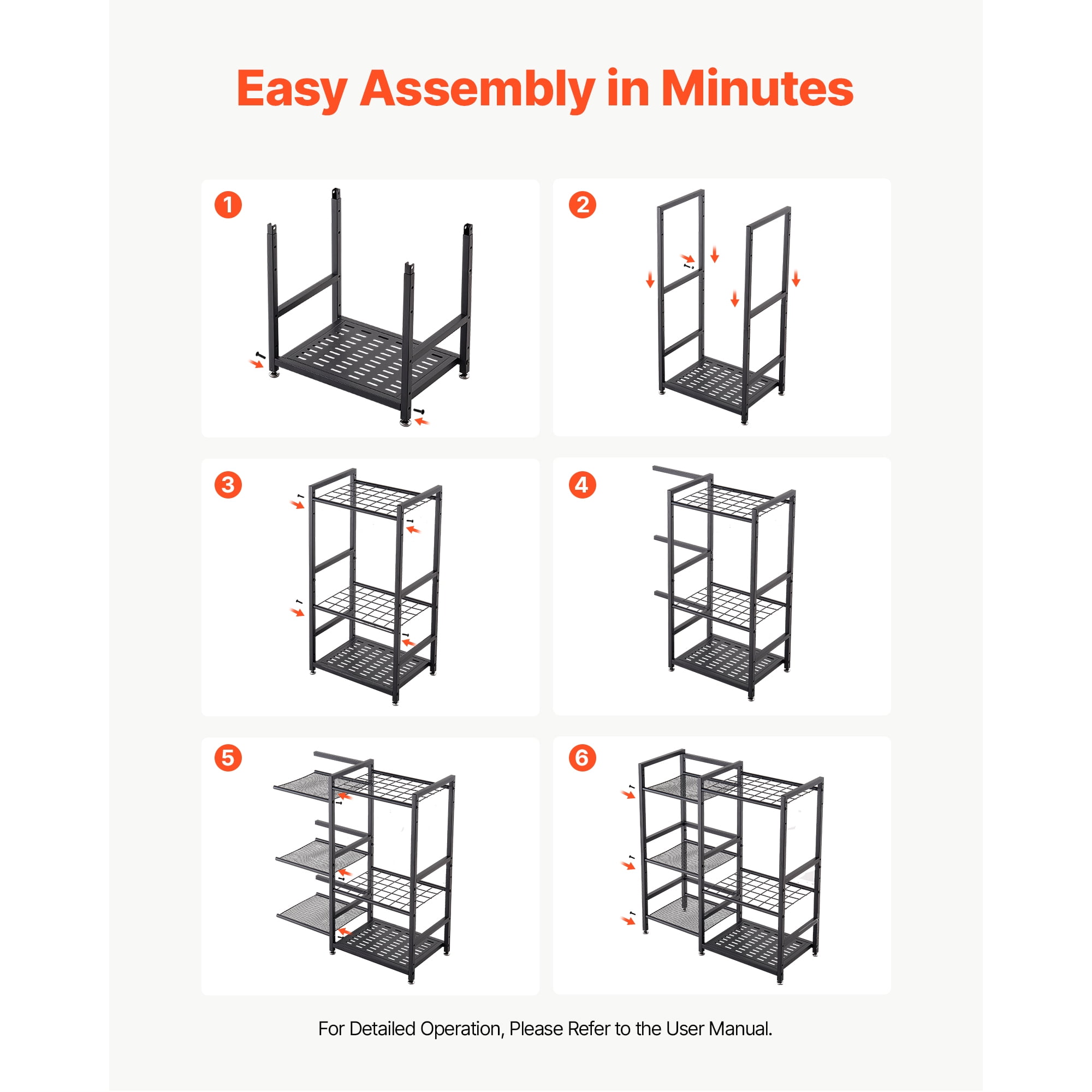 KFFKFF 3-Tier Metal Garden Tool Organizer with Guard Rail, Heavy-Duty Steel Storage Rack for Rakes, Shovels, and Brooms, Ideal for Garage, Shed, or Outdoor Use, Includes Hooks, Black