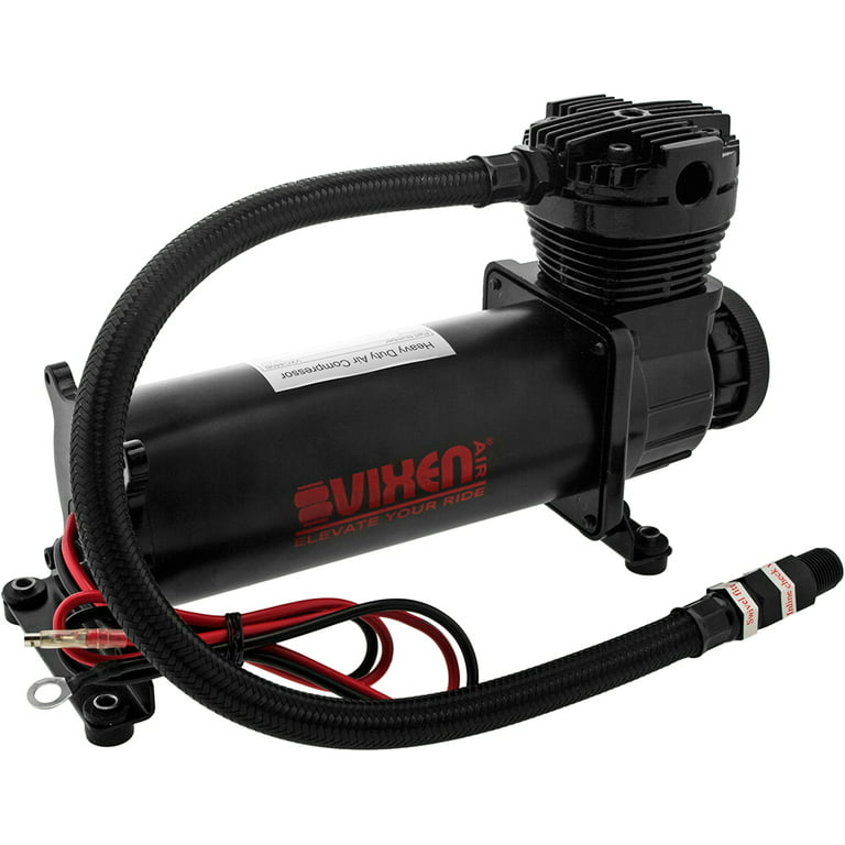 Vixen Air 200 PSI Heavy Duty Suspension/Air Ride/Bag/Train Horn Air  Compressor/Pump with 3/8 Stainless Steel Braided Hose, 3/8 NPT Check  Valve and Remote Mount Air Filter Kit 12V Black VXC480B 