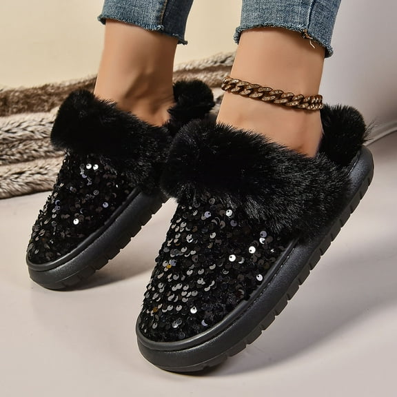 Women's Slippers House Slippers with Plush Lining & Sequin Bedroom Shoes (Black 39)