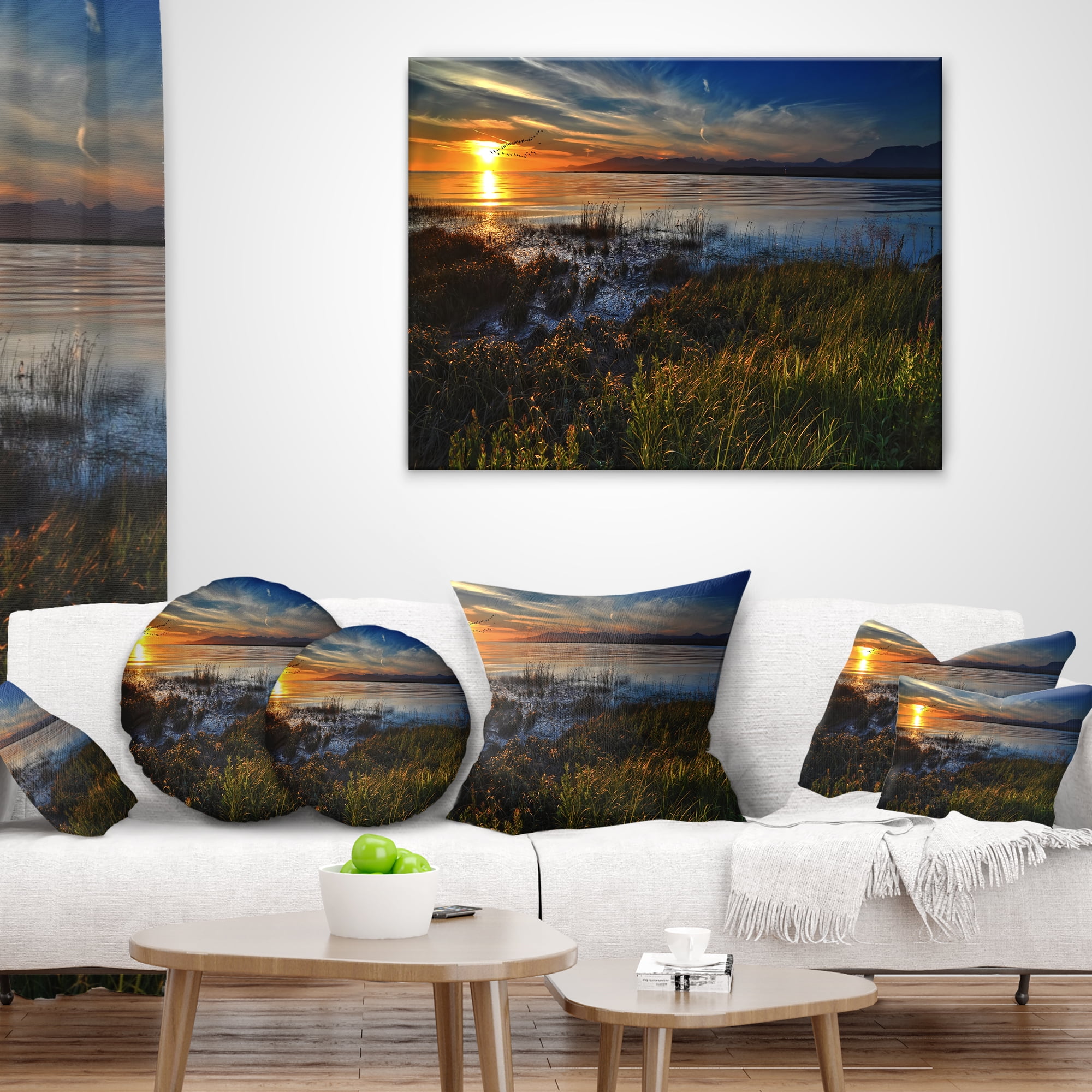 Designart Warm River Sunset With Migrating Geese - Landscape Printed Throw Pillow - 12x20