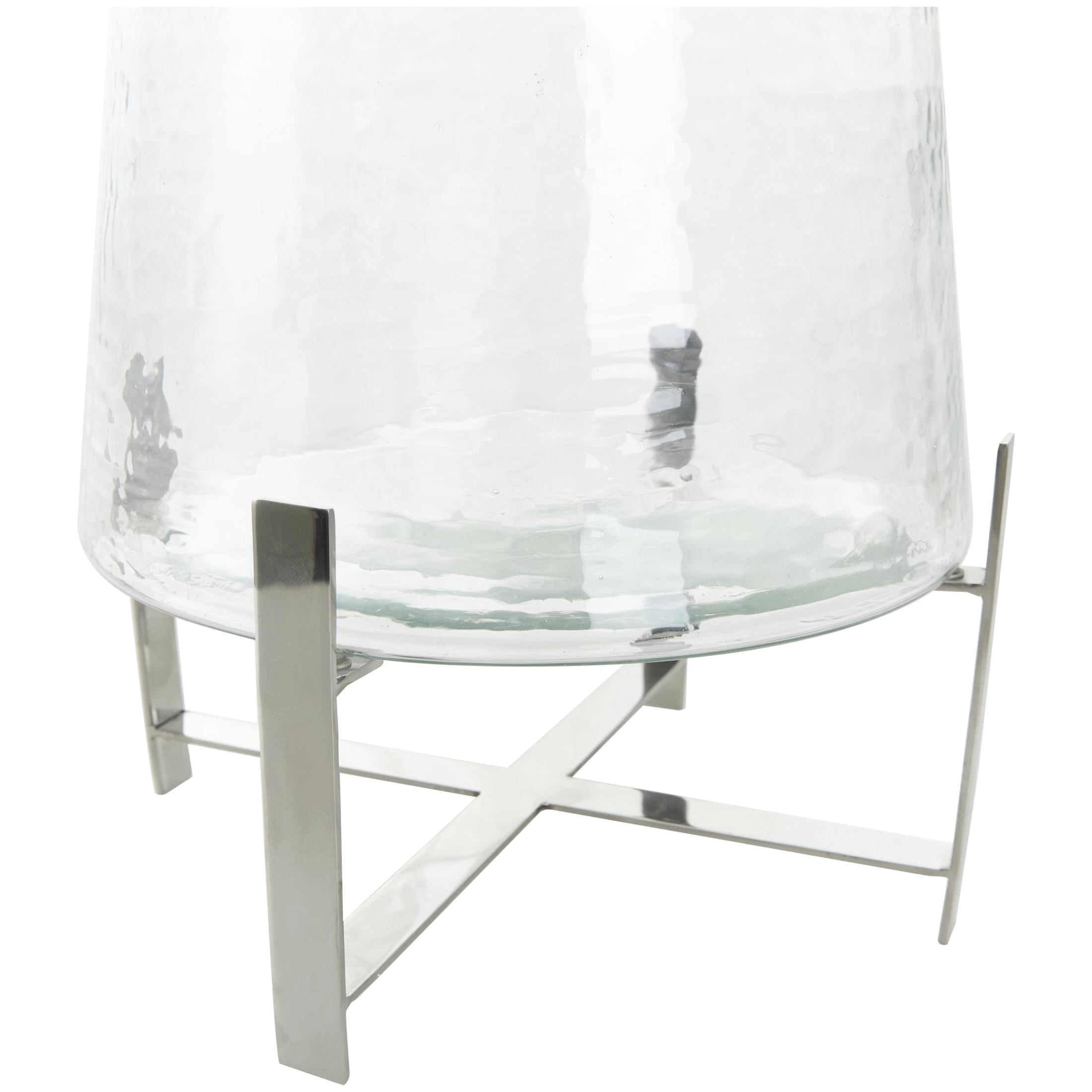 DecMode Stainless Steel Metal Hurricane Lamp with Stainless Steel X Shaped Base