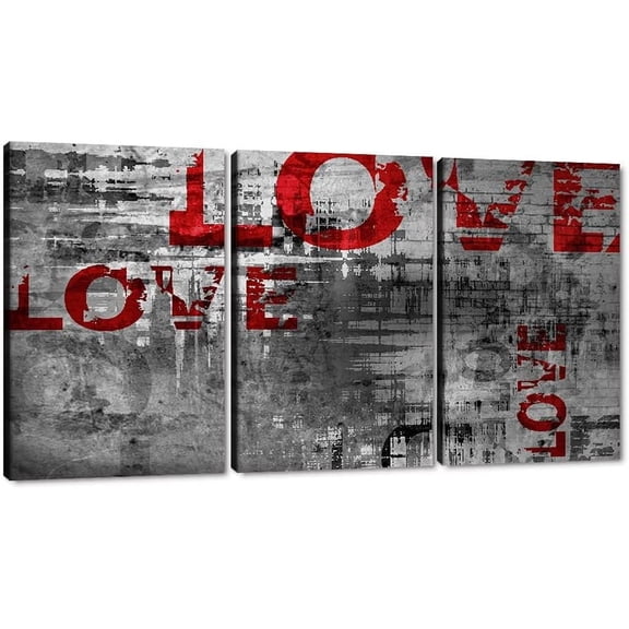 Hieng Large 3 Panels Abstract Wall Art Graffiti Love Grey Background Canvas Painting Poster for Street Living Room Wall Decor Unframed