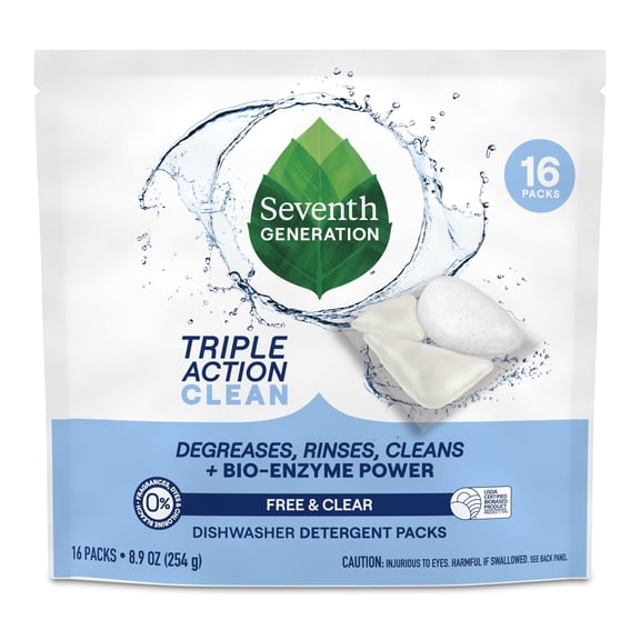 Seventh Generation Dishwasher Detergent, Fragrance Free, Triple Chamber Detergent Packs, 16ct