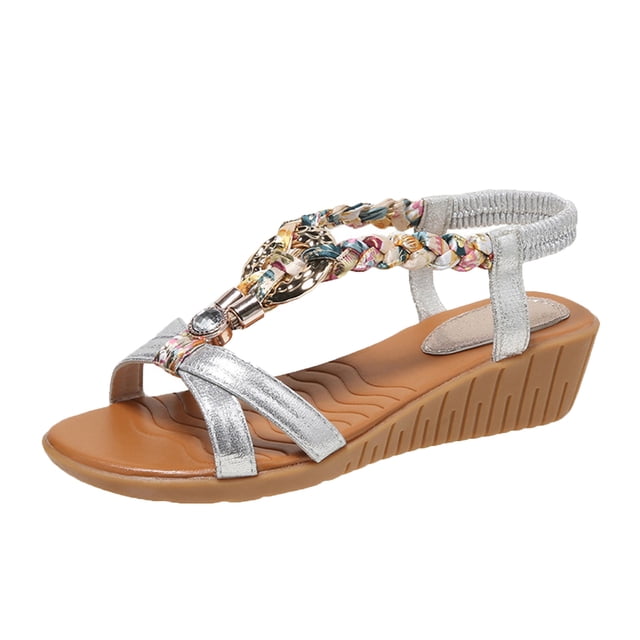 BADHUD Rhinestone Flat Sandals for womens Girls Low Wedge Sandals Cute Strappy Slip on Open Toe Slide Sandals Summer Comfortable Dress Bohemian Pearl Crystal Flat Sandals
