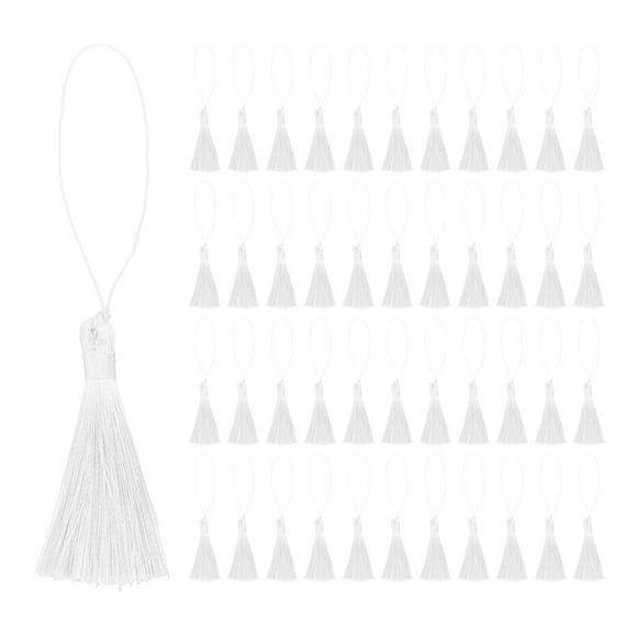 Uxcell 45Pcs Mini Silky Bookmark Tassels, Handmade Soft Floss Craft Tassels with Cord Loop, White