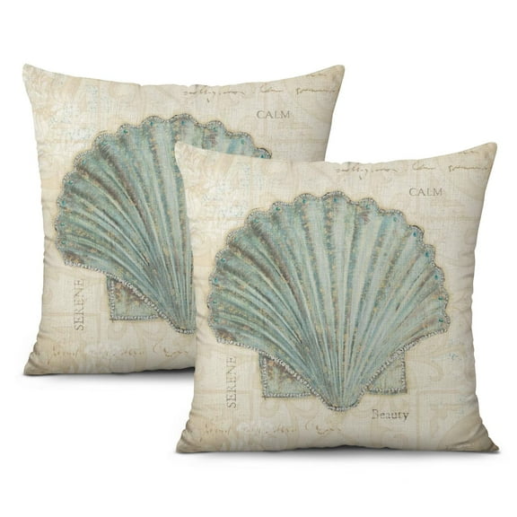 Luxury Beach House Decor: Set of 2 Ocean Coral Seashell Starfish 20x20 inch Nautical Coastal Throw Pillows.