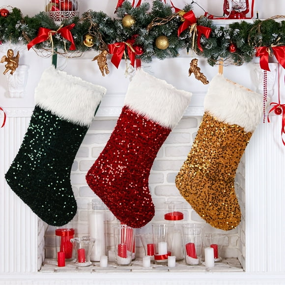 Jinsinto 3 Pcs Bas de Noël, 19.7 Pieds' Bas Rouge Doré Vert à Sequins avec Manchette en Fausse Fourrure Blanche Bas Suspendus pour Cheminée de Noël