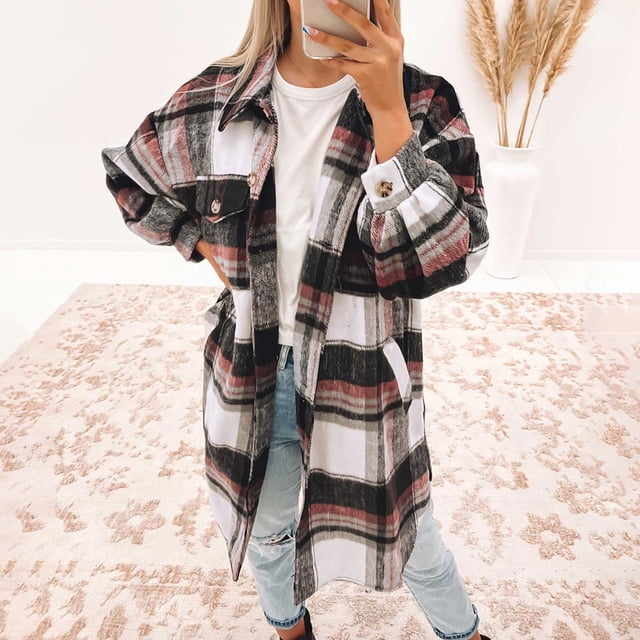 LOVZFMLL Jackets for Women's Flannel Plaid Shacket Long Sleeve Button Shirts Jacket Coats With Pockets Color Block Coat