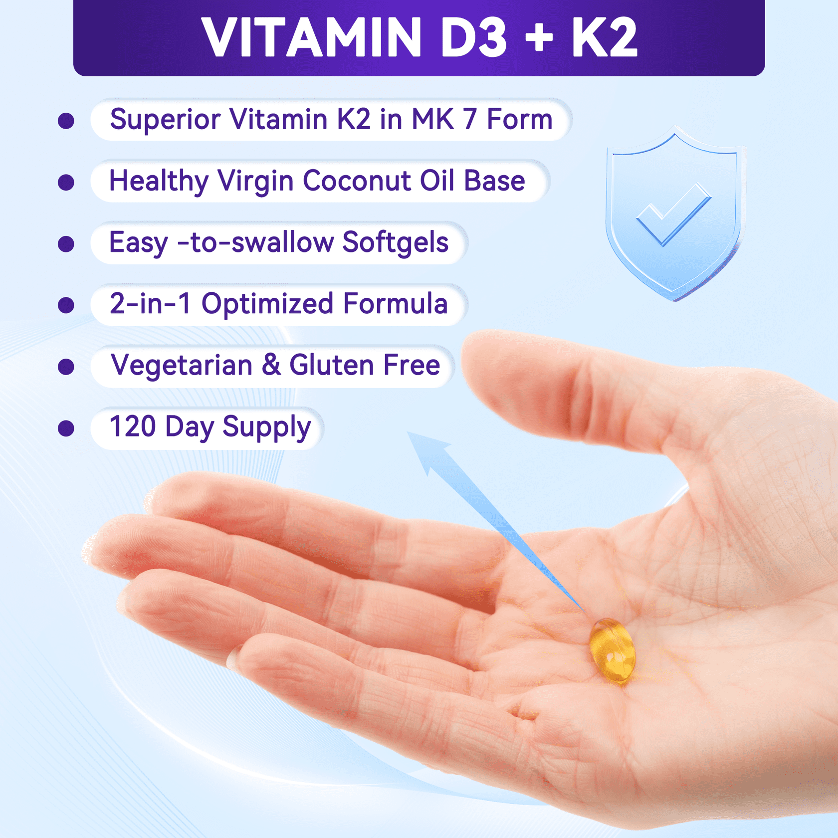 2 Pack Vitamin D3 K2 4,000 IU, 200 mcg MK-7, 240 Coconut Oil Softgels, 2 in 1 Vitamins Supplement, Easy to Swallow