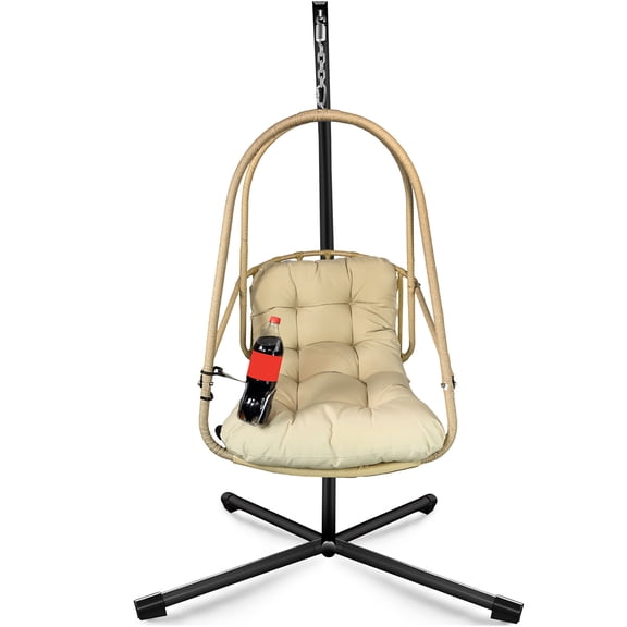 JERFIT Rattan Egg Chair with Stand, 350lb Capacity Indoor Outdoor Hanging Swing Chair w/Removable Safety Rail & Cup Holder, Foldable Patio Lounge Chair with Cushion, Beige