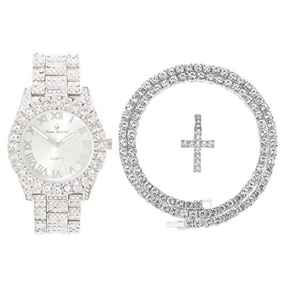 Charles Raymond Luxury Mens Iced Out Tennis Cross Necklace w/Diamond Quartz Wristwatch - Be Lit & Choose The Matching Blinged Out Cuban ZZ Bracelet Set - ST10327RN SLV Shiny Dial 2pc Set (24")