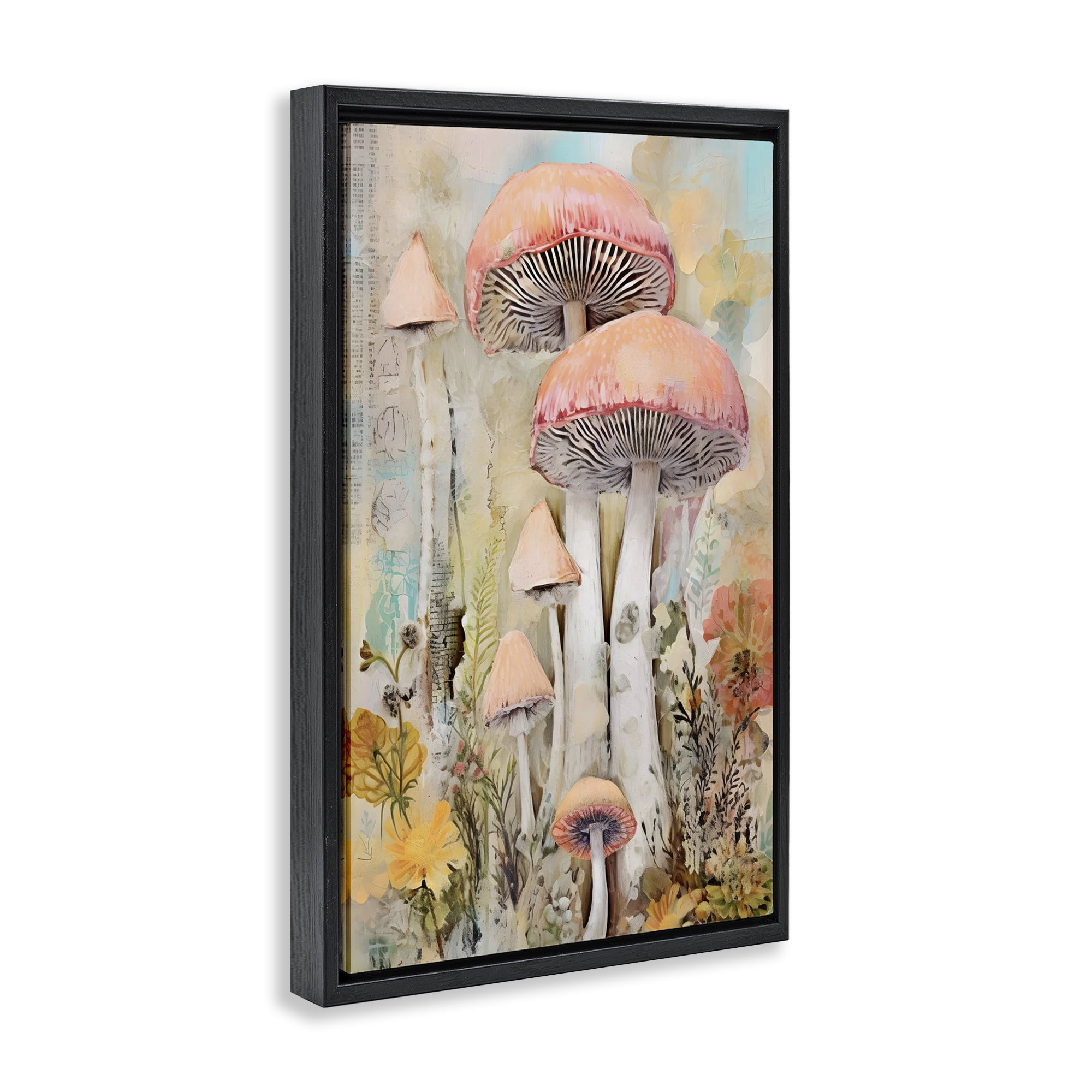Stupell Industries Soft Collaged Mushrooms Plants & Flowers Painting Black Floater Framed Canvas Art Print Wall Art, 17 x 25